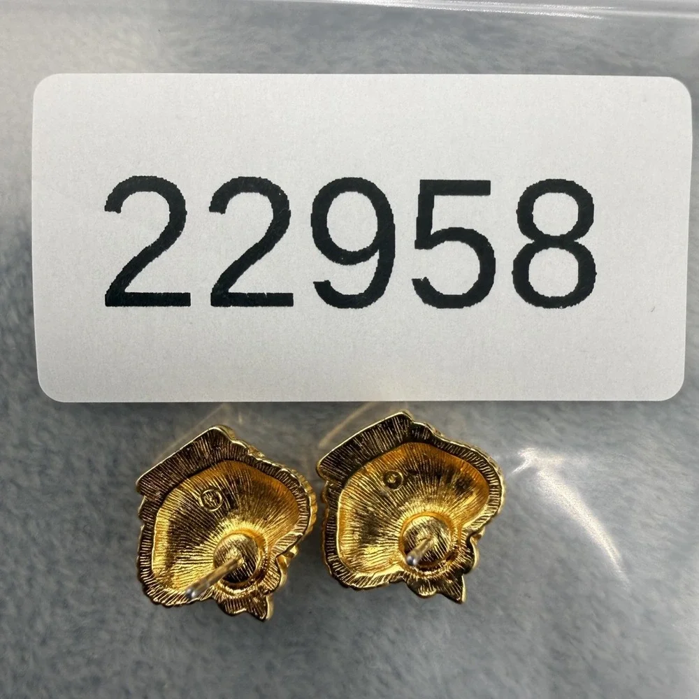 Vintage Pierced Crown‎ Earrings Gold Tone Rhinestone